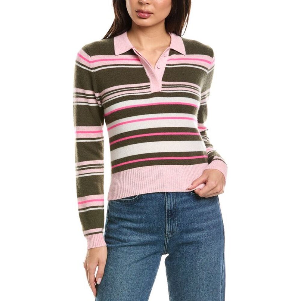 Brodie Cashmere Womens Slim Fit Stripey Polo 100% Cashmere Sweater, Green